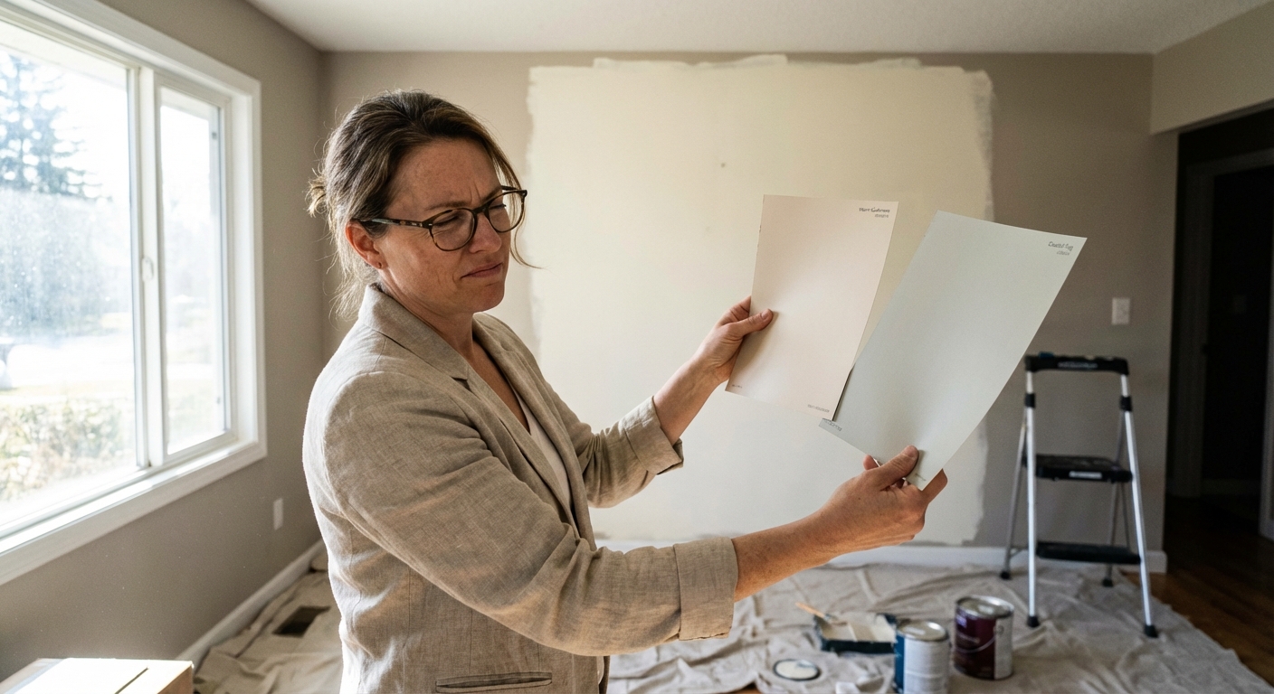 A meticulous female interior design consultant (late 40s) thoughtfully evaluates two paint swatches against a partially painted living room wall. Soft morning window light streams across the samples. Candid news capture, highly detailed, f/2.8 aperture, raw photo style.
