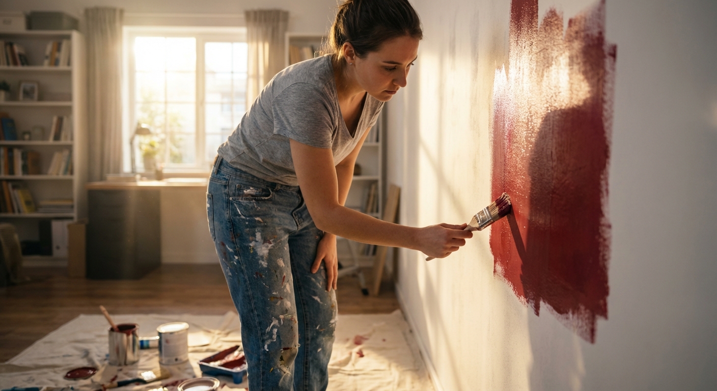 A focused young woman, wearing paint-splattered jeans, carefully brushes a swatch of vibrant deep red paint onto a white wall in a sunlit home office. Strong directional morning light illuminates the wet paint. Candid news capture, 4k, shallow depth of field, f/2.8 aperture, highly detailed raw photo style.