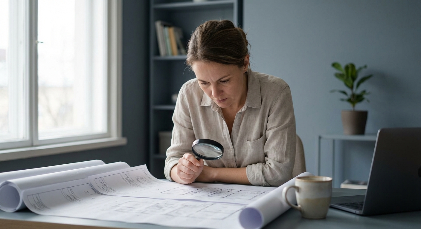 A focused interior designer intensely reviewing blueprints in a minimalist home office with calming slate-blue walls. Soft, cool diffused window light. Candid news capture, shallow depth of field, f/2.8 aperture, 4k, raw photo style, highly detailed.
