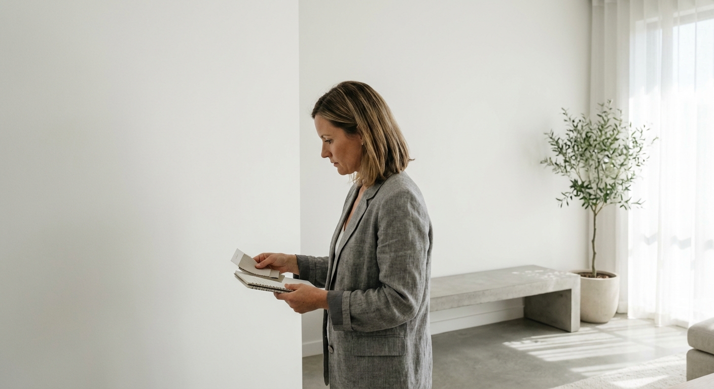 A focused interior designer in a gray linen blazer examines a clean white wall in a minimalist living room. Bright, diffused afternoon sunlight maximizes the sense of space. Candid news capture, shallow depth of field, f/2.8, 4k, raw photo style.
