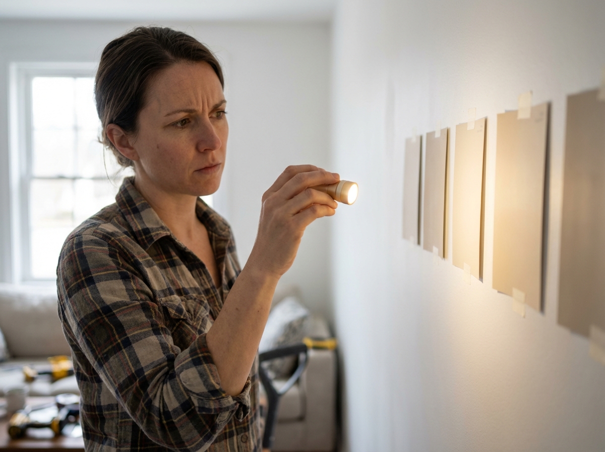 A thoughtful mid-30s homeowner scrutinizes beige paint swatches taped to a white wall, shining a warm-white LED flashlight directly on them. Soft neutral daylight enters from the left. Candid news capture, 4k, raw photo style, shallow depth of field, f/2.8 aperture, highly detailed.