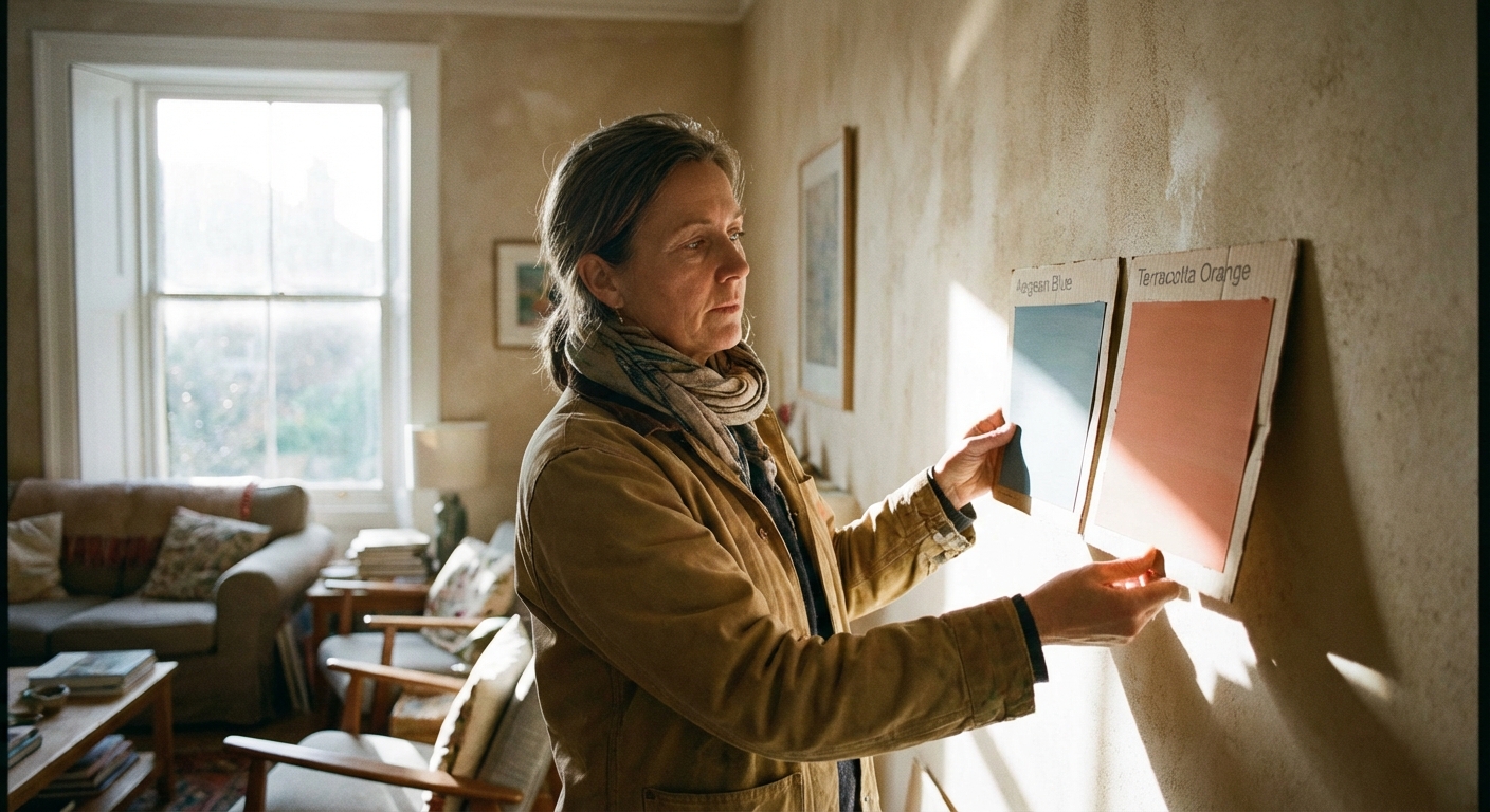 A thoughtful, middle-aged interior designer holds blue and orange paint swatches against a neutral wall in a domestic space. Bright diffused afternoon light streams from a window, emphasizing color contrast. Candid news capture, f/2.8 aperture, shallow depth of field, highly detailed, raw photo style.